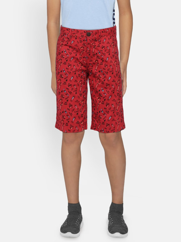 Boys Red Regular Fit Mid-Rise Shorts